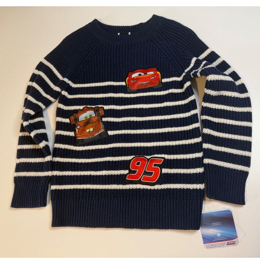 Disney Pixar Cars Lightning McQueen Mater Striped Knit Sweater Navy White 5T NEW